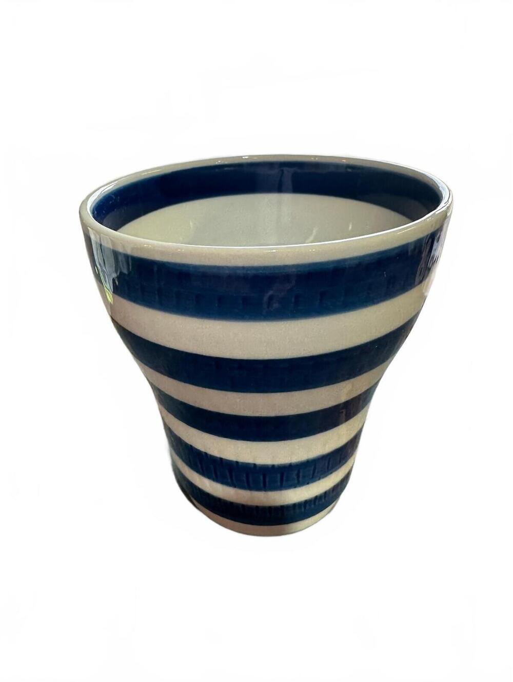Signed Japanese Yunomi Tea Cup Blue White Striped 3.75"
